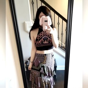 Free people beaded boho style back tie tank black with embroidery XS